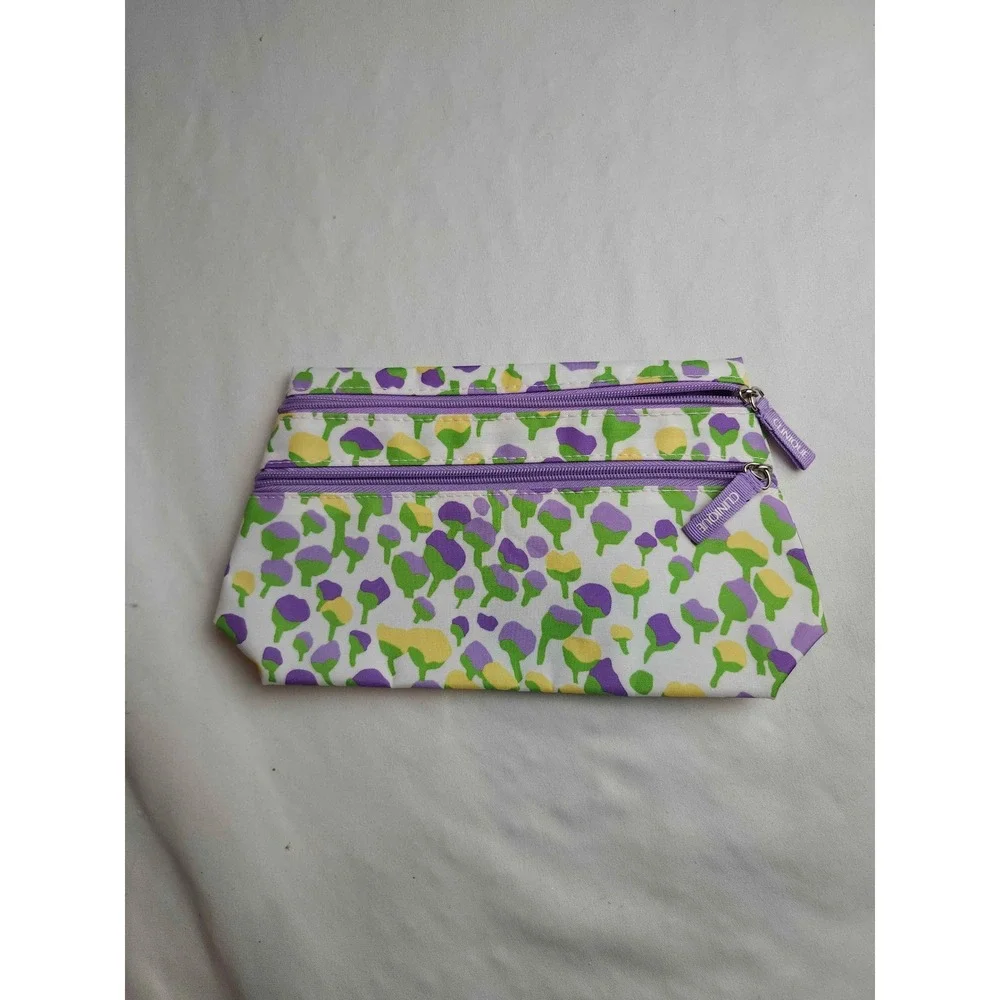 Clinique Floral Makeup Bag Purple Yellow Green Double Zip Cosmetic Pouch Travel